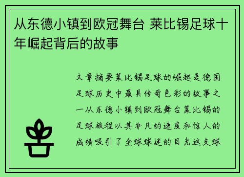 从东德小镇到欧冠舞台 莱比锡足球十年崛起背后的故事