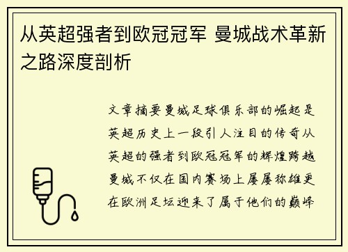 从英超强者到欧冠冠军 曼城战术革新之路深度剖析