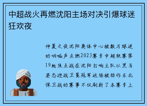 中超战火再燃沈阳主场对决引爆球迷狂欢夜