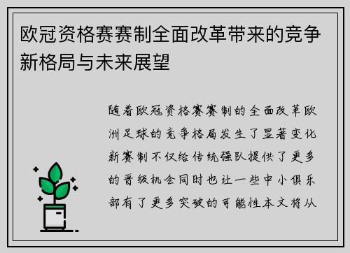 欧冠资格赛赛制全面改革带来的竞争新格局与未来展望